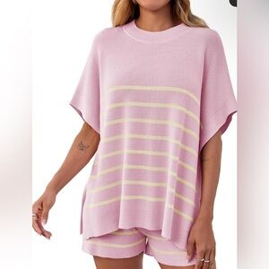 Light Pink Knit Short Set with Pale Yellow Stripes